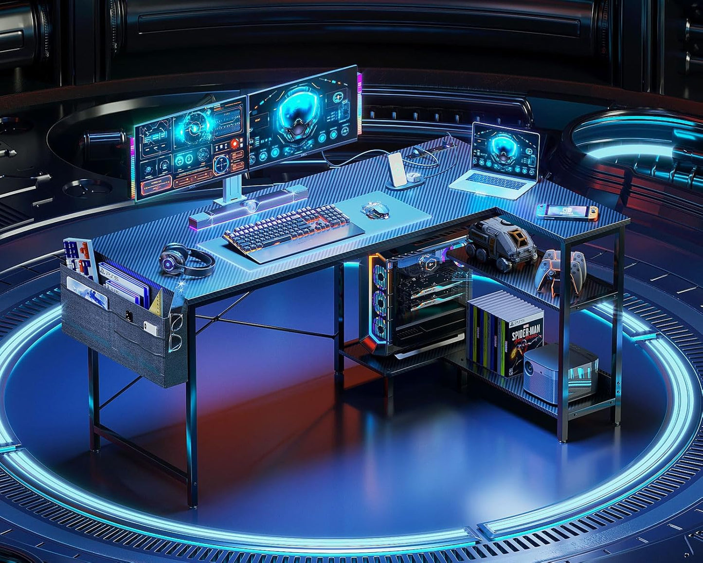 55 Inch L Shaped Gaming Computer Desk with Power Outlets, Corner Desk with Reversible Storage Shelves & PC Stand for Small Space, Modern Simple Home Office Table, Carbon Fiber Surface, Black