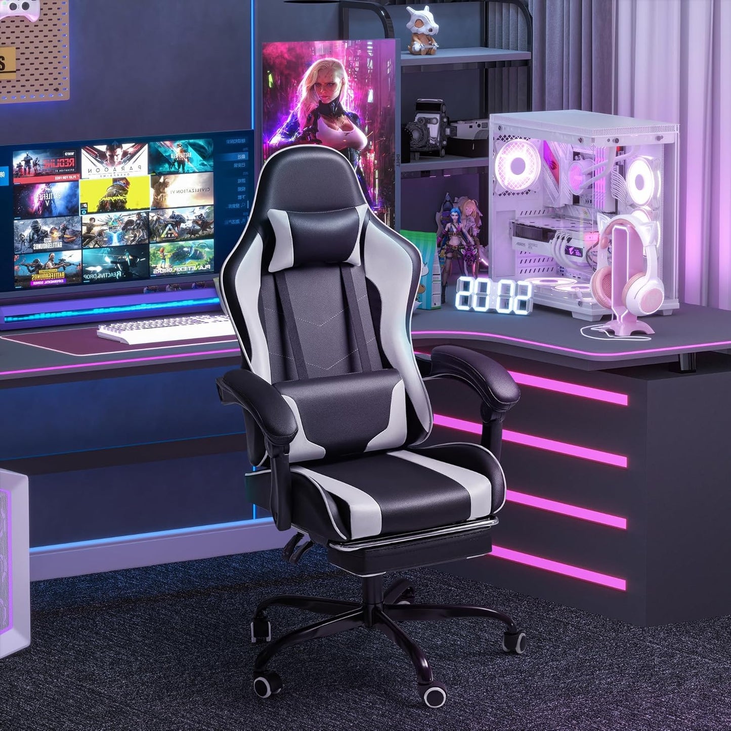 Gaming Chair, Video Game Chair with Footrest and Massage Lumbar Support, Ergonomic Computer Chair Height Adjustable with Swivel Seat and Headrest (White)