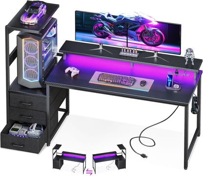 59 Inch Gaming Desk with USB Charging Ports & LED Light- Reversible Computer Desk with Storage Shelves & Monitor Stand, Modern Gamer Desk Table with Fabric Drawers & Side Hook, Carbon Fiber Black