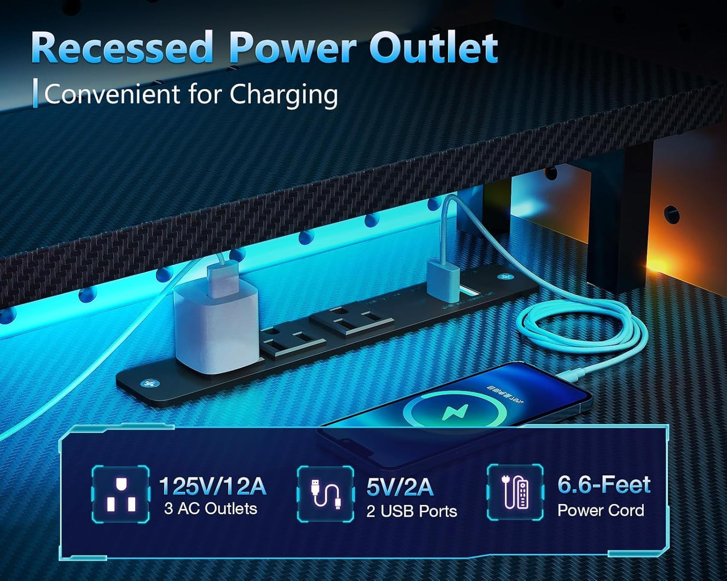 59 Inch Gaming Desk with USB Charging Ports & LED Light- Reversible Computer Desk with Storage Shelves & Monitor Stand, Modern Gamer Desk Table with Fabric Drawers & Side Hook, Carbon Fiber Black