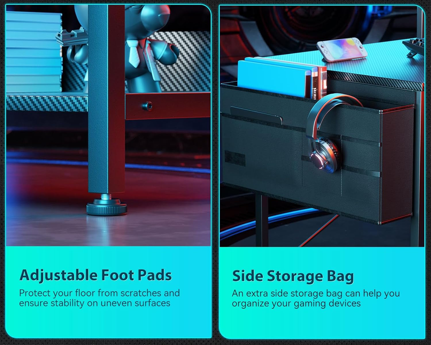 55 Inch L Shaped Gaming Computer Desk with Power Outlets, Corner Desk with Reversible Storage Shelves & PC Stand for Small Space, Modern Simple Home Office Table, Carbon Fiber Surface, Black