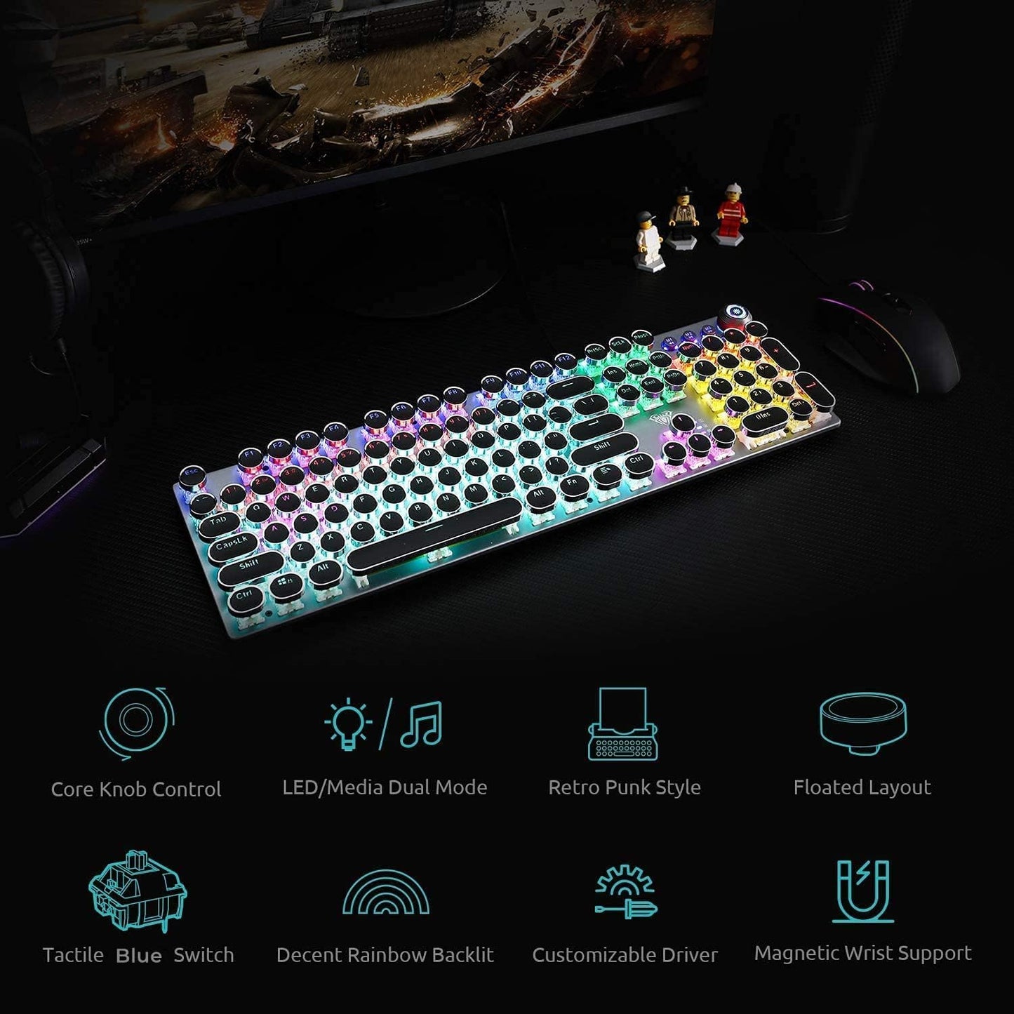 F2088 Typewriter Style Mechanical Gaming Keyboard Blue Switches,Rainbow LED Backlit,Removable Wrist Rest,Media Control Knob,Retro Punk round Keycaps,Usb Wired Computer Keyboard