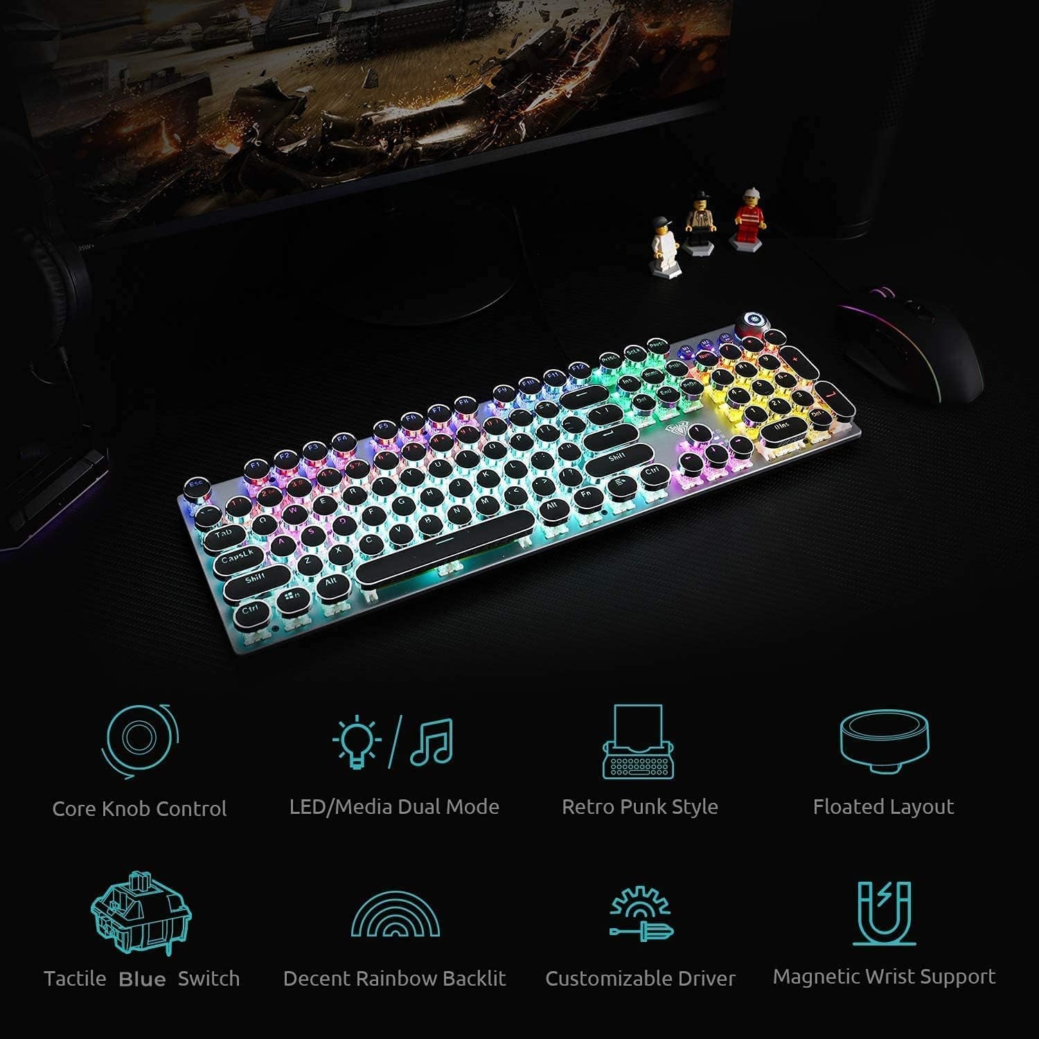 F2088 Typewriter Style Mechanical Gaming Keyboard Blue Switches,Rainbow LED Backlit,Removable Wrist Rest,Media Control Knob,Retro Punk round Keycaps,Usb Wired Computer Keyboard
