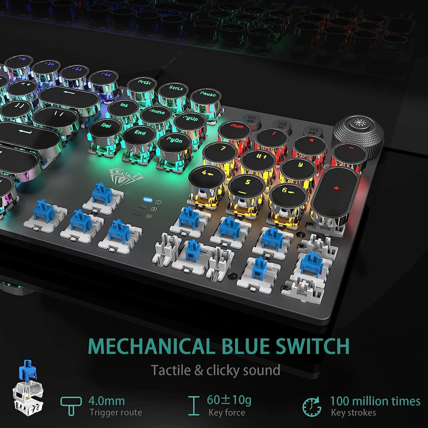F2088 Typewriter Style Mechanical Gaming Keyboard Blue Switches,Rainbow LED Backlit,Removable Wrist Rest,Media Control Knob,Retro Punk round Keycaps,Usb Wired Computer Keyboard