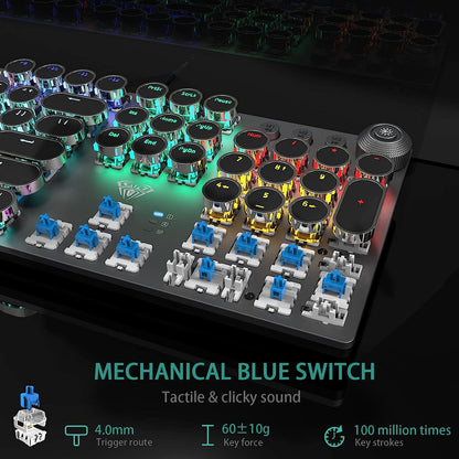 F2088 Typewriter Style Mechanical Gaming Keyboard Blue Switches,Rainbow LED Backlit,Removable Wrist Rest,Media Control Knob,Retro Punk round Keycaps,Usb Wired Computer Keyboard