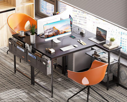 40 Inch Small L Shaped Gaming Computer Desk with Power Outlets, Reversible Storage Shelves & PC Stand for Home Office, Simple Writing Study Table with Storage Bag for Small Space, Black