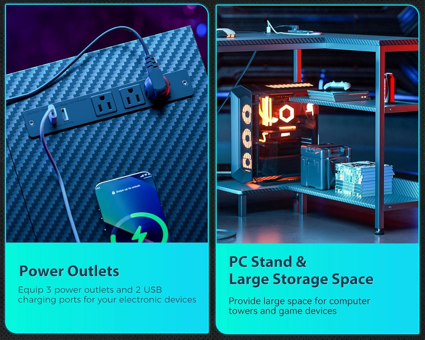 55 Inch L Shaped Gaming Computer Desk with Power Outlets, Corner Desk with Reversible Storage Shelves & PC Stand for Small Space, Modern Simple Home Office Table, Carbon Fiber Surface, Black