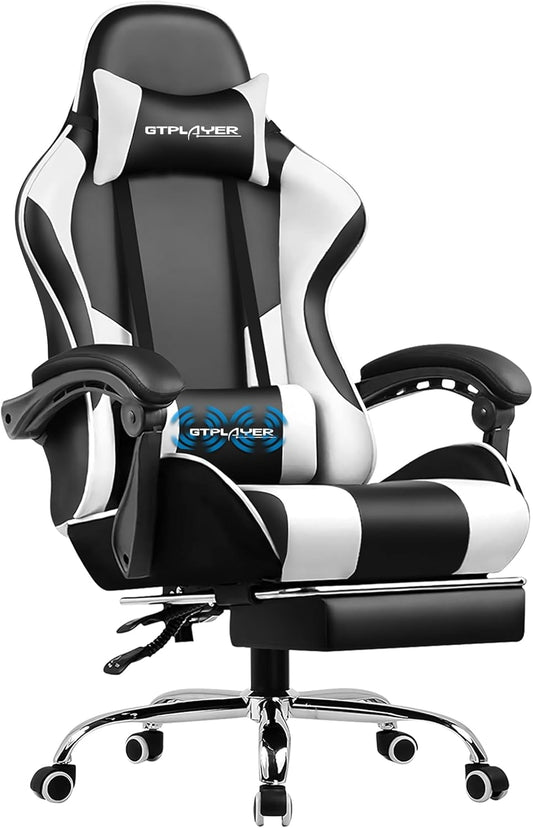 Gaming Chair, Computer Chair with Footrest and Lumbar Support, Height Adjustable Game Chair with 360°-Swivel Seat and Headrest and for Office or Gaming (Snow White)