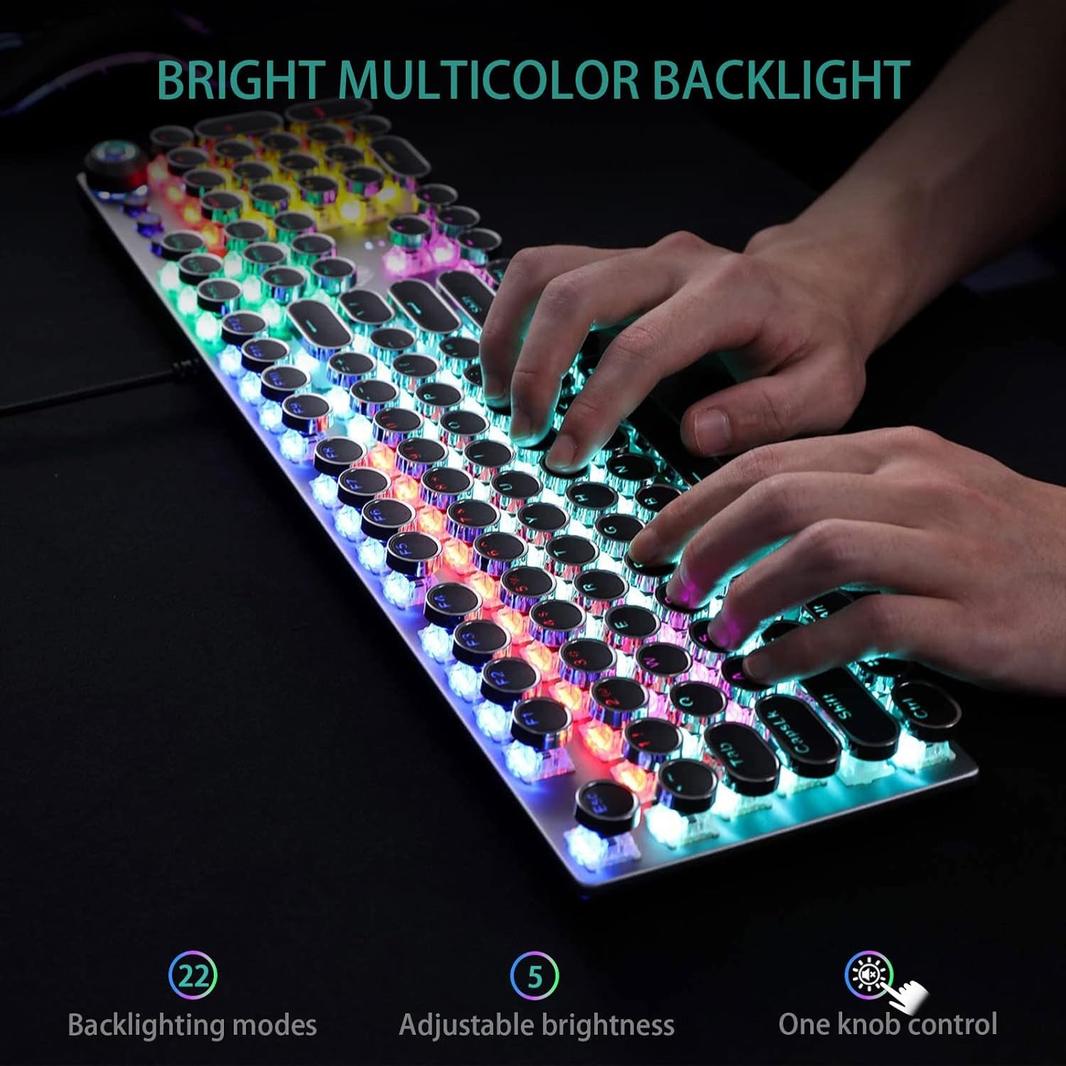 F2088 Typewriter Style Mechanical Gaming Keyboard Blue Switches,Rainbow LED Backlit,Removable Wrist Rest,Media Control Knob,Retro Punk round Keycaps,Usb Wired Computer Keyboard