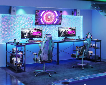 55 Inch L Shaped Gaming Computer Desk with Power Outlets, Corner Desk with Reversible Storage Shelves & PC Stand for Small Space, Modern Simple Home Office Table, Carbon Fiber Surface, Black