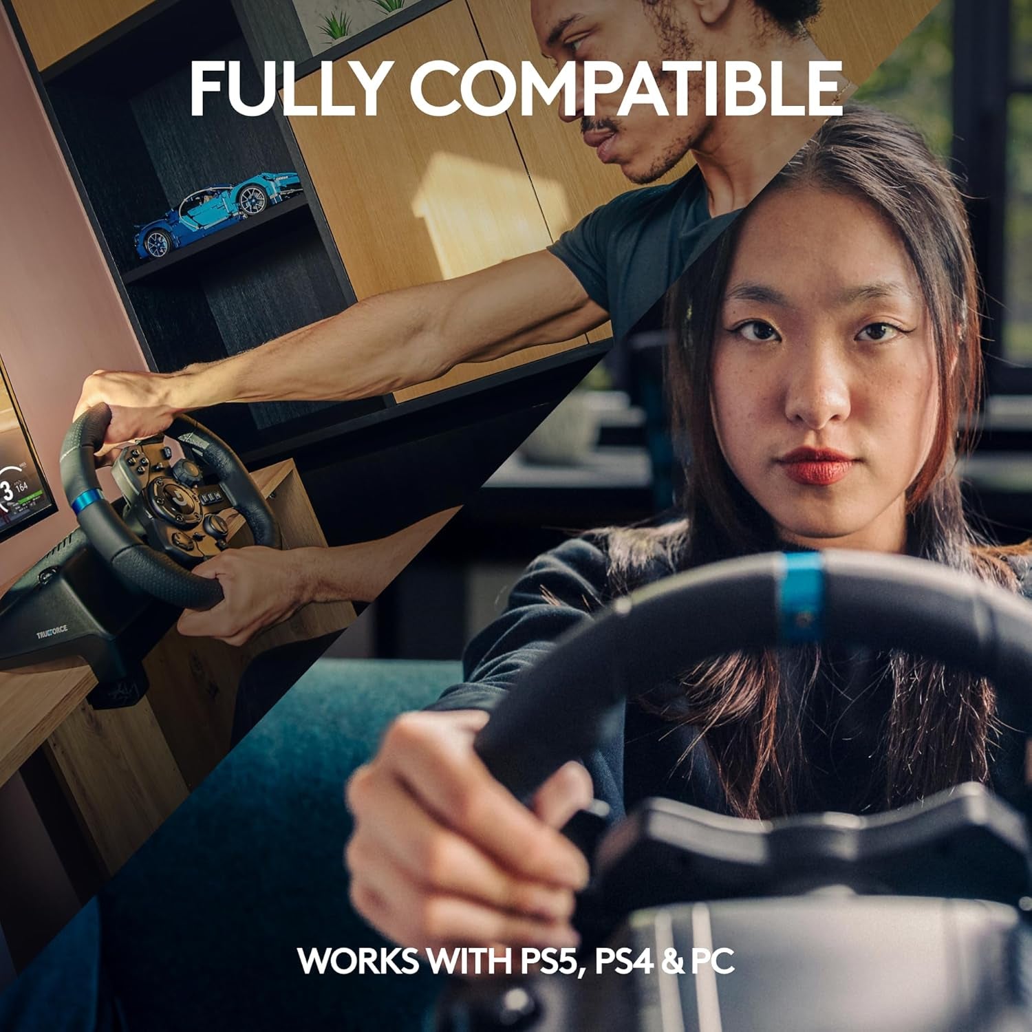 923 Racing Wheel and Pedals, TRUEFORCE up to 1000 Hz Force Feedback, Gaming Steering Wheel PS5, PS4, PC, Mac, Genuine Leather- Black