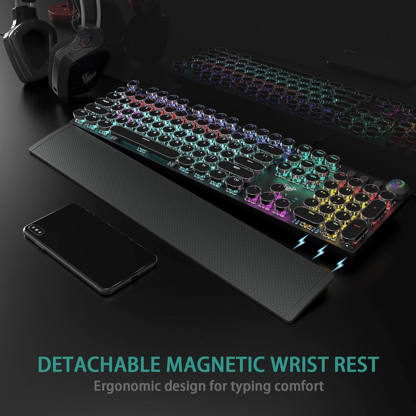 F2088 Typewriter Style Mechanical Gaming Keyboard Blue Switches,Rainbow LED Backlit,Removable Wrist Rest,Media Control Knob,Retro Punk round Keycaps,Usb Wired Computer Keyboard