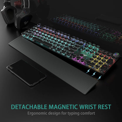 F2088 Typewriter Style Mechanical Gaming Keyboard Blue Switches,Rainbow LED Backlit,Removable Wrist Rest,Media Control Knob,Retro Punk round Keycaps,Usb Wired Computer Keyboard