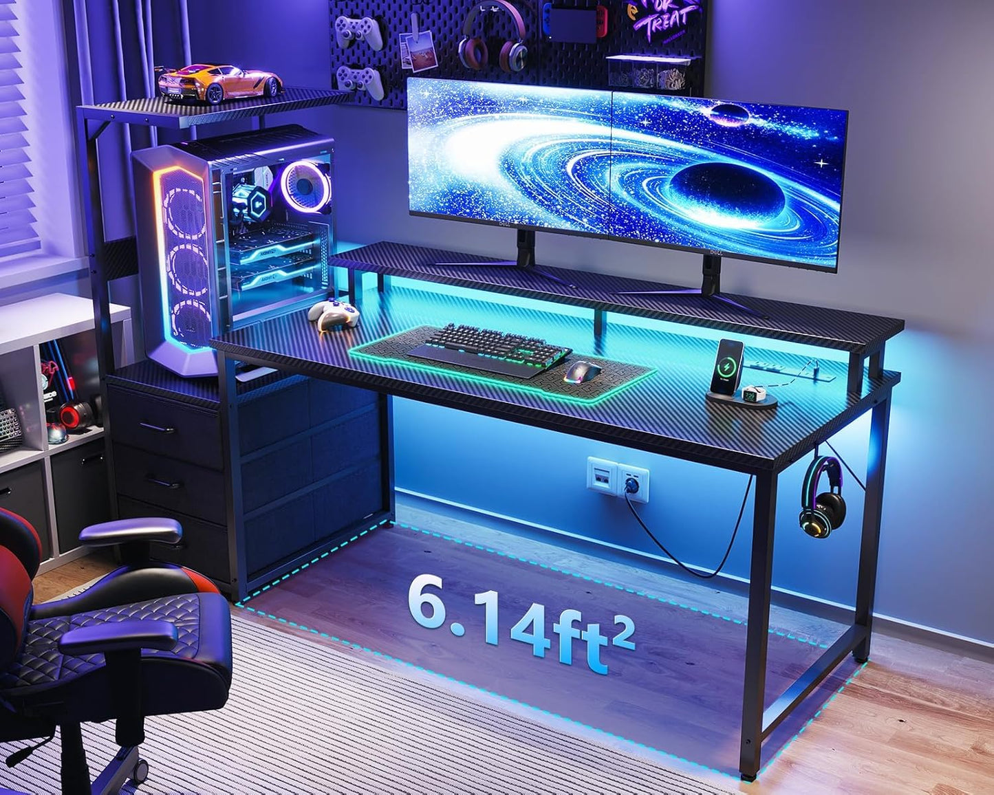 59 Inch Gaming Desk with USB Charging Ports & LED Light- Reversible Computer Desk with Storage Shelves & Monitor Stand, Modern Gamer Desk Table with Fabric Drawers & Side Hook, Carbon Fiber Black