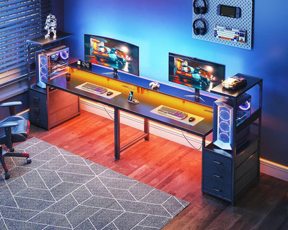 59 Inch Gaming Desk with USB Charging Ports & LED Light- Reversible Computer Desk with Storage Shelves & Monitor Stand, Modern Gamer Desk Table with Fabric Drawers & Side Hook, Carbon Fiber Black