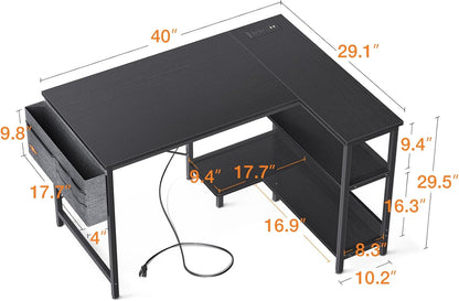 40 Inch Small L Shaped Gaming Computer Desk with Power Outlets, Reversible Storage Shelves & PC Stand for Home Office, Simple Writing Study Table with Storage Bag for Small Space, Black
