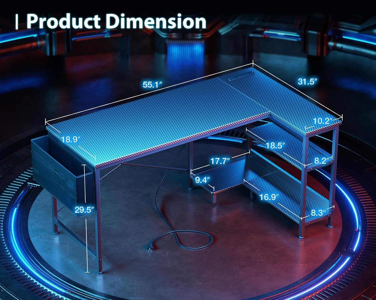 55 Inch L Shaped Gaming Computer Desk with Power Outlets, Corner Desk with Reversible Storage Shelves & PC Stand for Small Space, Modern Simple Home Office Table, Carbon Fiber Surface, Black