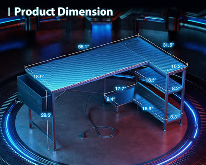 55 Inch L Shaped Gaming Computer Desk with Power Outlets, Corner Desk with Reversible Storage Shelves & PC Stand for Small Space, Modern Simple Home Office Table, Carbon Fiber Surface, Black