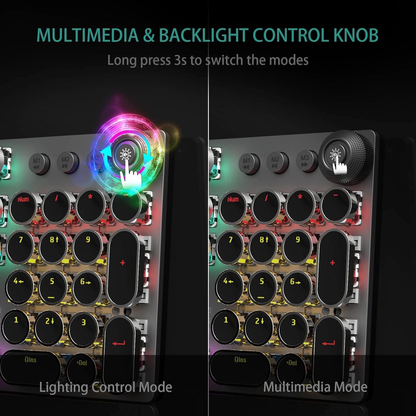 F2088 Typewriter Style Mechanical Gaming Keyboard Blue Switches,Rainbow LED Backlit,Removable Wrist Rest,Media Control Knob,Retro Punk round Keycaps,Usb Wired Computer Keyboard