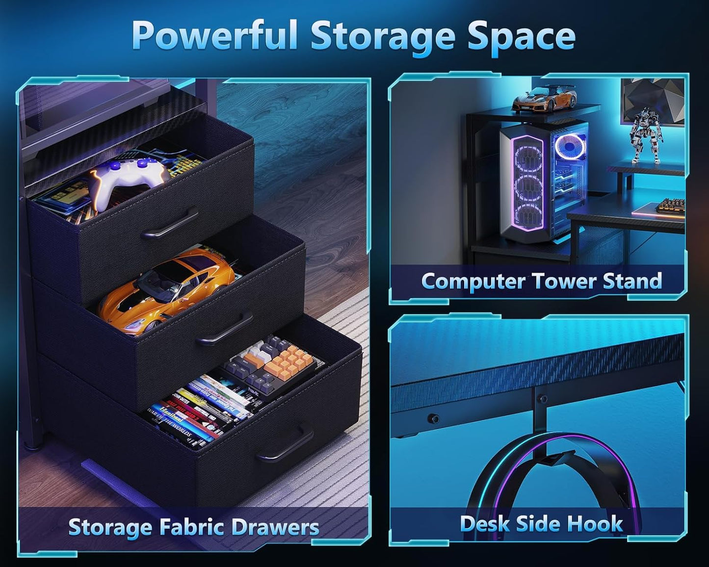 59 Inch Gaming Desk with USB Charging Ports & LED Light- Reversible Computer Desk with Storage Shelves & Monitor Stand, Modern Gamer Desk Table with Fabric Drawers & Side Hook, Carbon Fiber Black