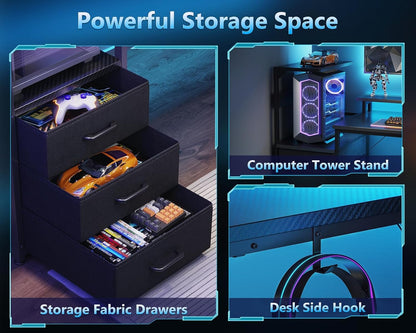 59 Inch Gaming Desk with USB Charging Ports & LED Light- Reversible Computer Desk with Storage Shelves & Monitor Stand, Modern Gamer Desk Table with Fabric Drawers & Side Hook, Carbon Fiber Black